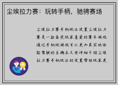 尘埃拉力赛：玩转手柄，驰骋赛场
